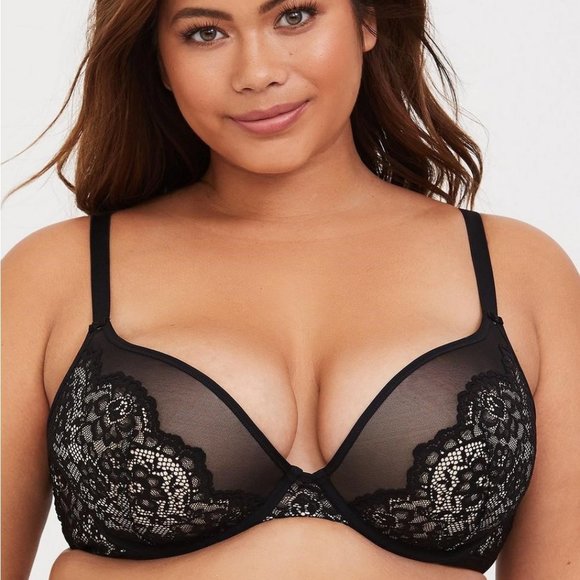 Torrid Plunge Push-Up Scallop Lace Straight Back Bra Black & Nude 46D - Picture 4 of 7